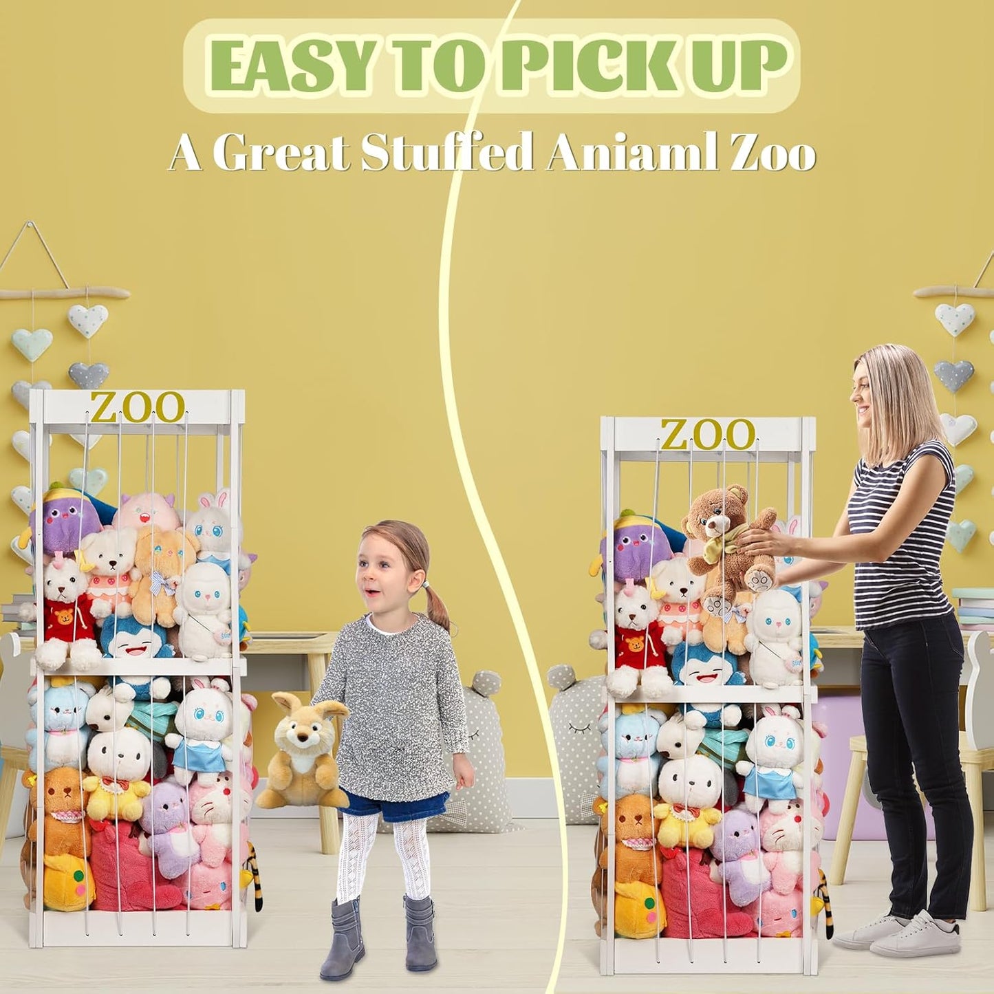 Trycooling Stuffed Animal Zoo Stuffed Animal Storage Wood Plushie Storage Stuffed Animals Zoo Storage Cage with Zoo Pattern Elastic Band for Nursery Play Room Bedroom (White)