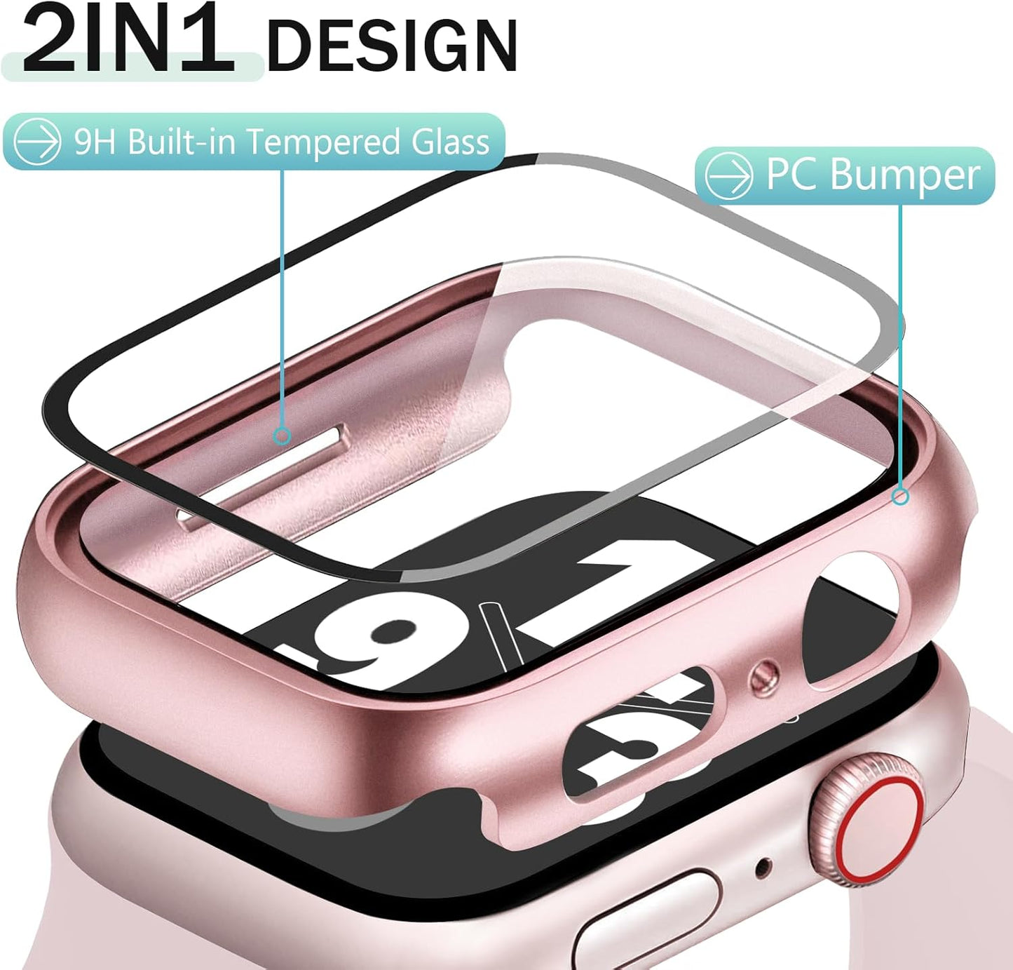 JR.DM 45mm 2 Pack Hard PC Case with HD Tempered Glass Screen Protector for Apple Watch Series 9/8/7, Slim Guard Bumper Full Coverage Protective Anti-Scratch Face Cover for iWatch, Pink/Clear