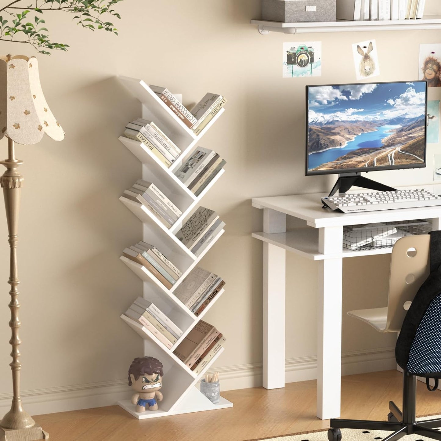 10 Tier Tree Book Shelf, Floor Standing Wood Bookshelf for Narrow Space, Storage Organizer Bookshelves for Books/CDs/Magazine, Bookcase with Shelves for Home Office, Living Room - White