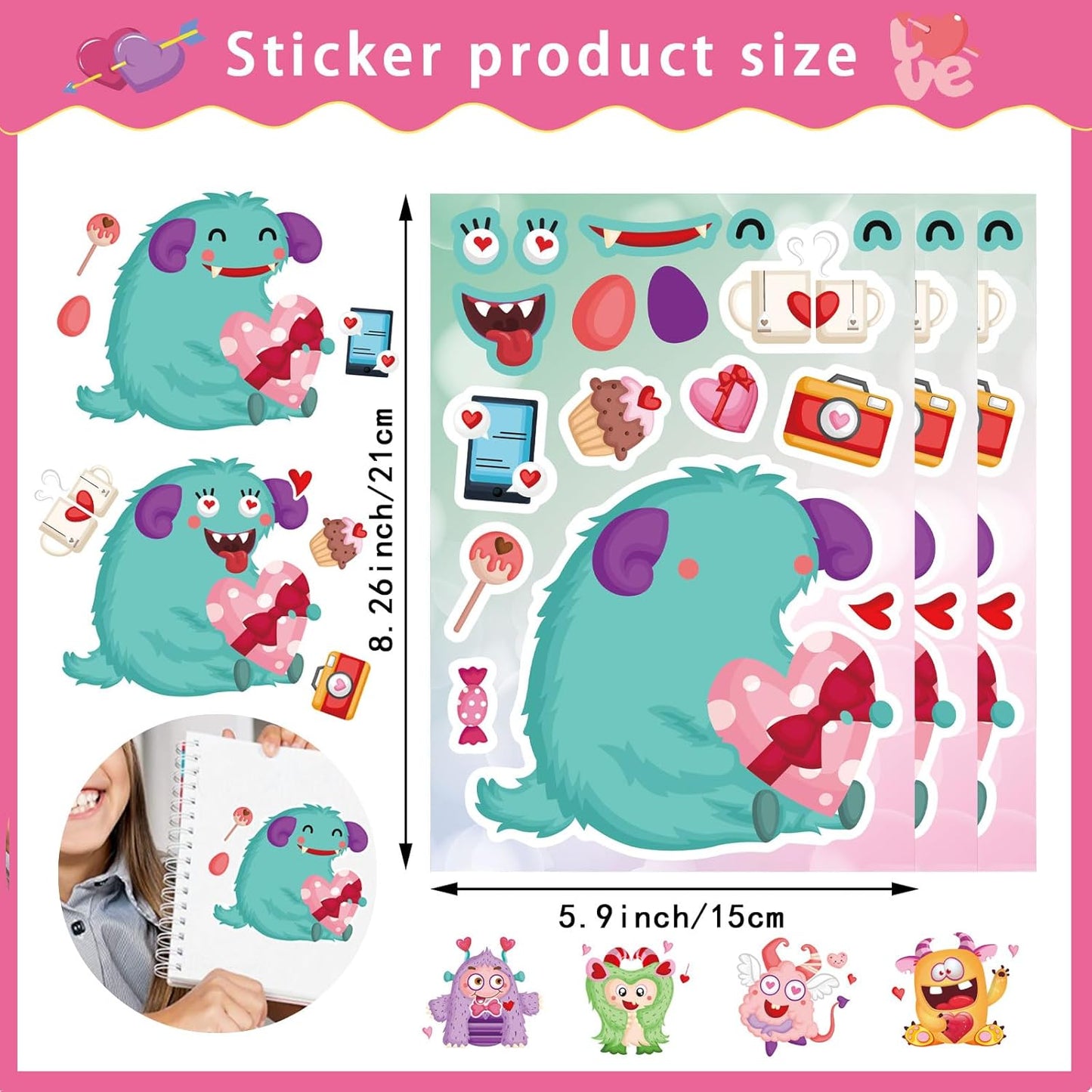 DUJAA Make a Monster Face Stickers 24PCS Valentine's Day Stickers for Kids, Monster Theme Crafts Party Game School Classroom Reward Gift