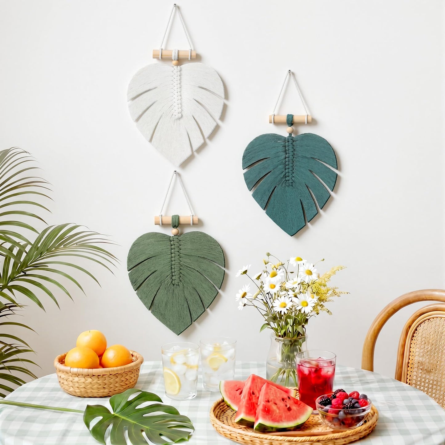 Hoteam 3 Pcs Monstera Leaves Macrame Wall Hanging Handmade Bohemian Sage Green Large Leaf Woven Wall Tapestry Wooden Bead Hanging Ornament for Nursery Bedroom Living Room Apartment Home Backdrop