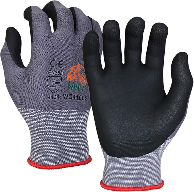 WOLF Ultra-Thin Nitrile Foam Palm Coated Glove with Tacky Dot Grip, Multi Purpose