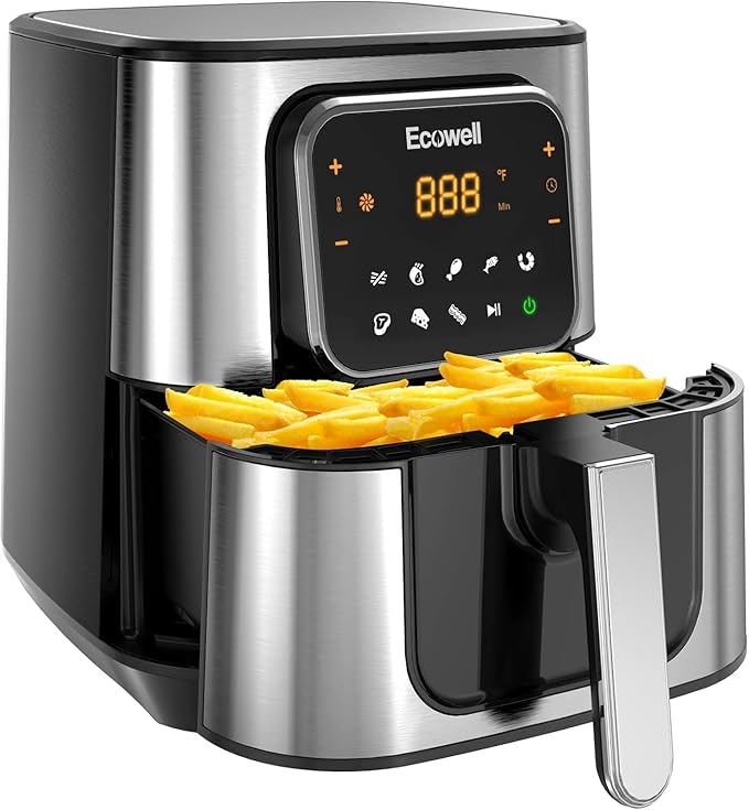 ECOWELL Air Fryer,Compact Large 6 Quart,Stainless Steel Air Fryer, 8 Food Presets,Touch Screen,BPA-Free, Up to 95% Less Oil*, Roast,Bake, Dry, Reheat,Broil, 120V,Dishwasher-Safe 1700W, Black, TXS5T2