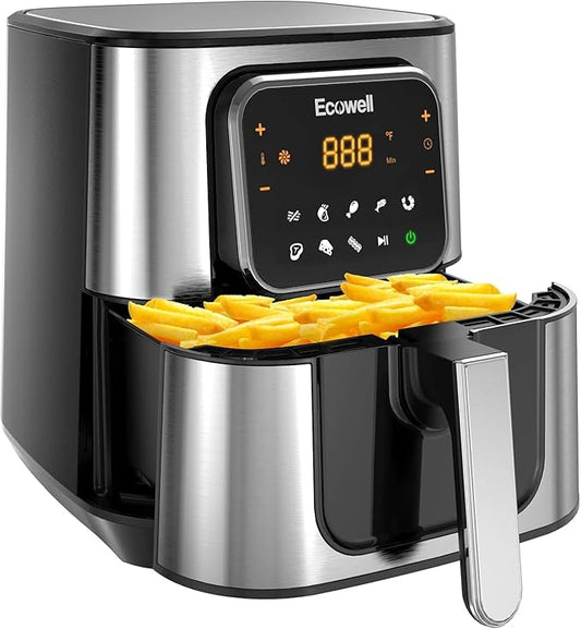 ECOWELL Air Fryer,Compact Large 6 Quart,Stainless Steel Air Fryer, 8 Food Presets,Touch Screen,BPA-Free, Up to 95% Less Oil*, Roast,Bake, Dry, Reheat,Broil, 120V,Dishwasher-Safe 1700W, Black, TXS5T2