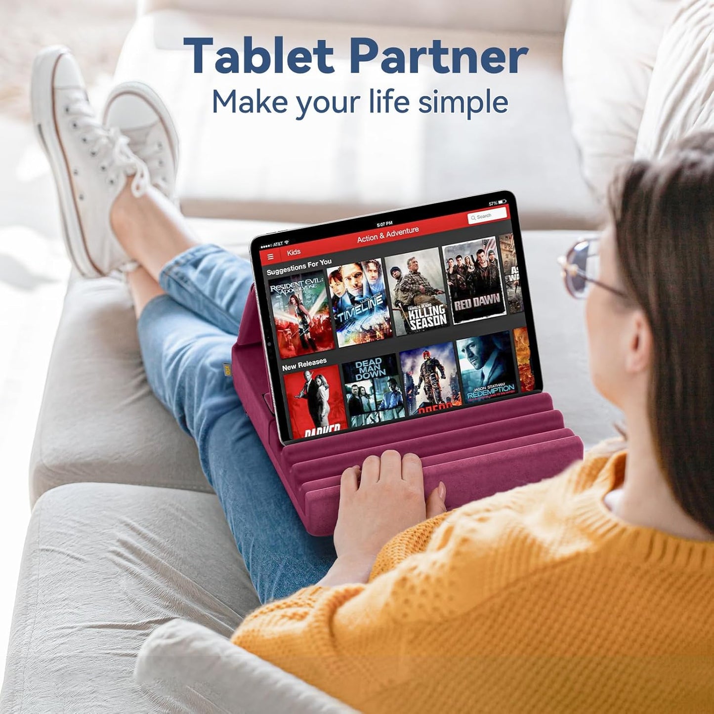 KDD Tablet Pillow Holder, Foldable iPad Stand for Lap, Bed and Desk -Tablet Soft Pad Dock with Pocket & Stylus Mount Compatible with iPad Pro 12.9, 10.5, 9.7 Air Mini 6 5 4 3, Galaxy Tab, E-Reader
