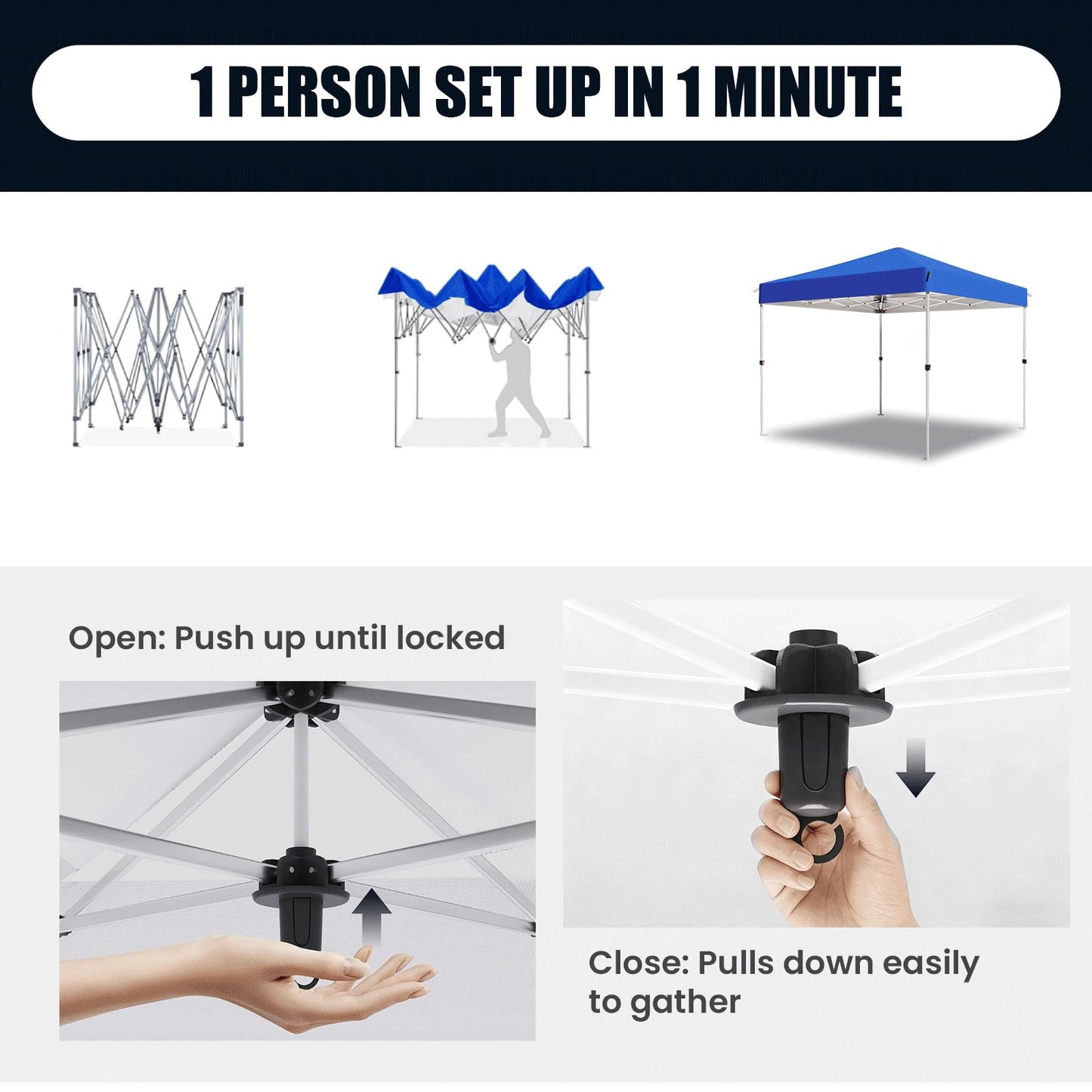 10x10 Pop Up Canopy Tent,Outdoor Canopy with One Push Setup,Easy Up Canopy with 3 Adjustable Height,4 Sandbags, UPF 50+ Event Shelter Tents for Parties,Camping,Market,Patio(Blue)