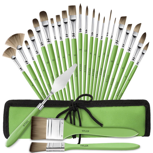 Paint Brushes Set of 25 Pieces Wooden Handles Brushes，Professional Artist Series with Filbert, Fan, Dagger, Cat Tongue, Round, Angle, Wide Flat Canvas Roll Bag & Palette Knife