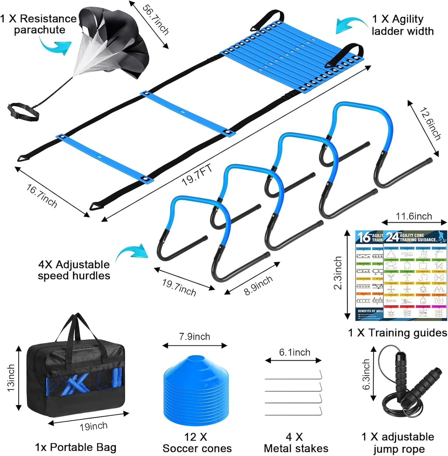 Agility Speed Training Equipment Set, Football Practise Set with 20ft Agility Ladder, 12 Cones, 4 Adjustable Hurdles, Jump Rope, Parachute, for Basketball, Soccer, Football, Kids, Youth, Adults