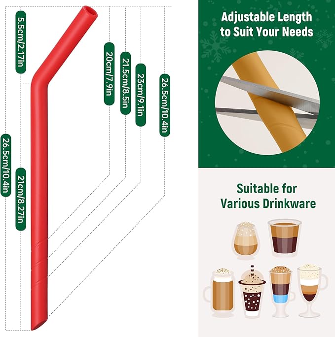 NiHome 6-Pack Extra Wide Reusable Bent Silicone Straws for Boba, Smoothies, Bubble Tea, Bent Christmas Color Straws Eco-Friendly & Colorful for Thick Drinks, Child-Safe, Customizable Length, 2 Brushes
