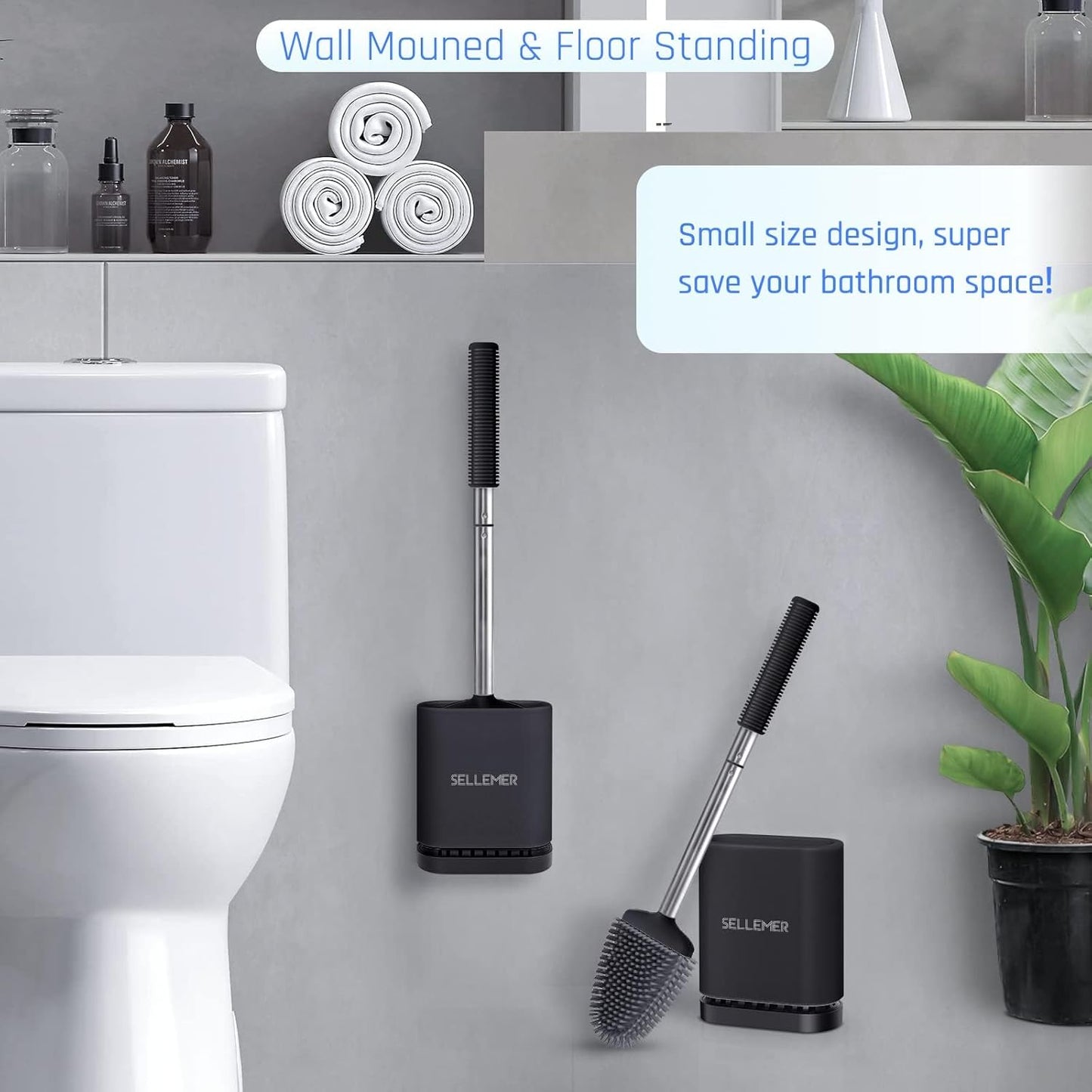 Sellemer Toilet Brush and Holder Set - Flexible Toilet Bowl Brush Head with Silicone Bristles, Compact Size for Storage and Organization, Ventilation Slots Base (4 Pack, Black)