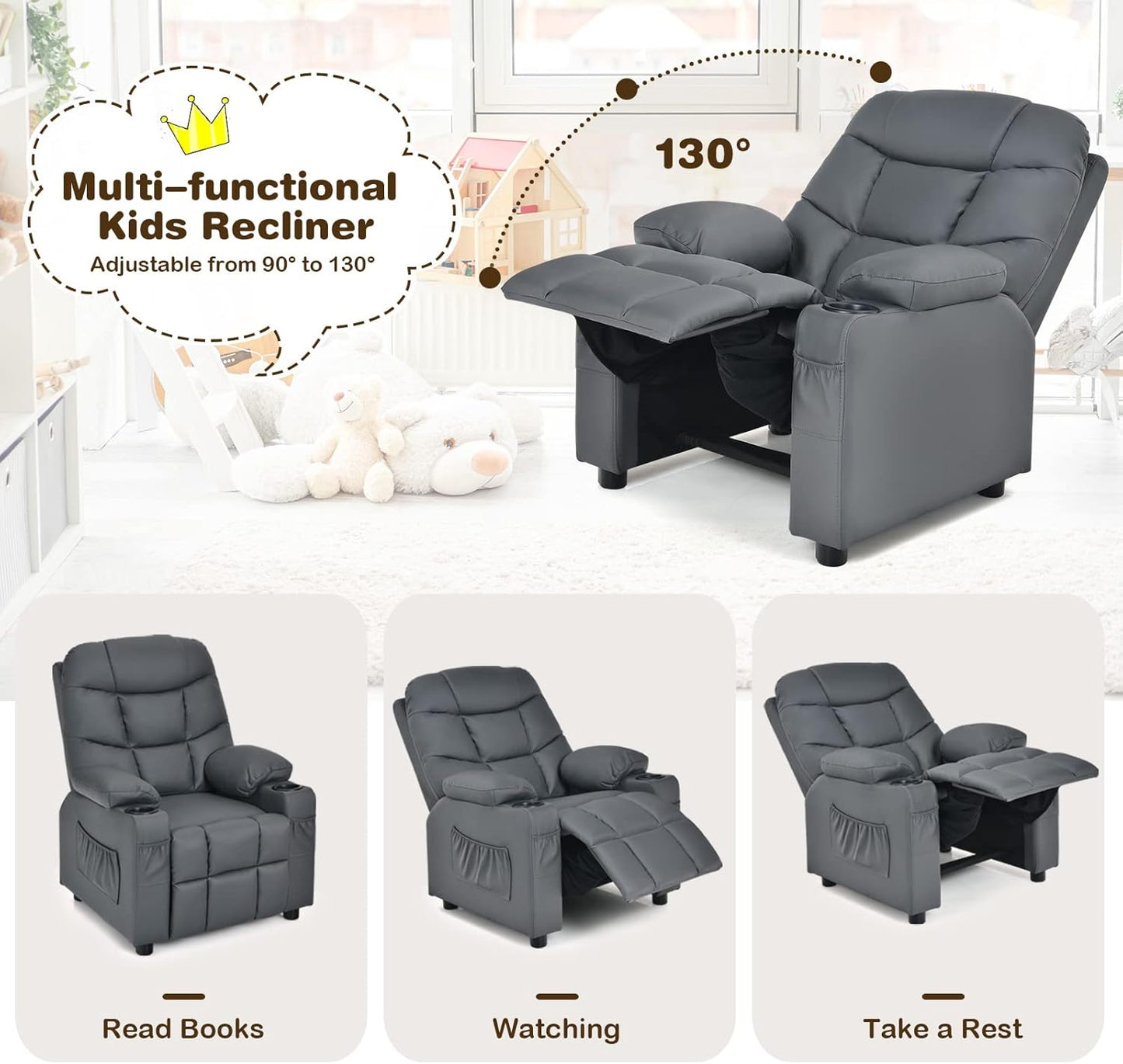 Costzon Kids Recliner Chair with Cup Holder, Adjustable Lounge Chair w/Footrest & Side Pockets for Children Boys Girls Room, Ergonomic Toddler Furniture Sofa, Kids Recliner (Grey)