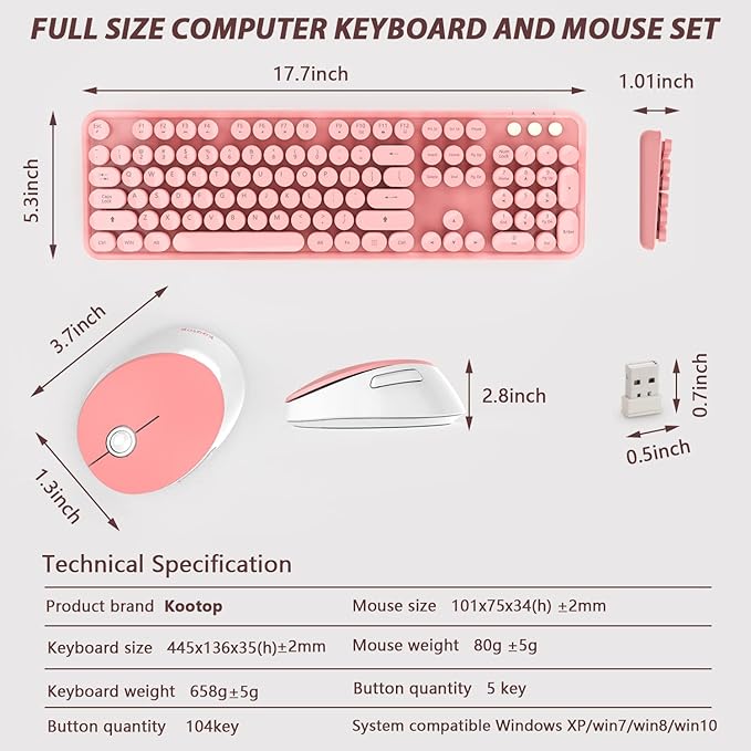 Kootop Wireless Keyboard and Mouse Combo, Cute Colorful 104 Keys Typewriter Retro Round Keycaps Keyboard for PC Laptop,Desktop,Windows, Home and Office Keyboards(Pink White)