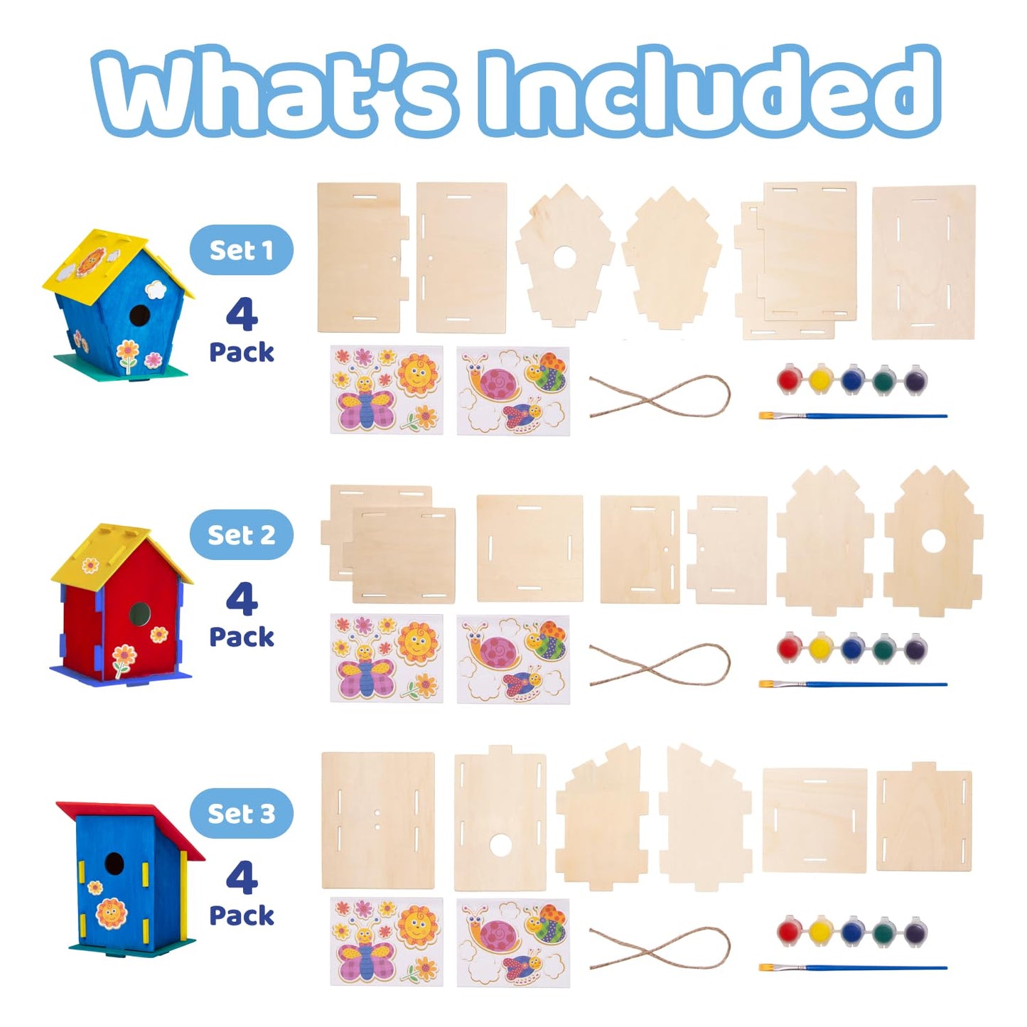 Neliblu DIY 12 Wooden Bird House Kits - Creative Arts and Crafts Set for Kids and Adults - Unfinished Wood Birdhouses with Paint Strips, Brushes, Stickers and Strings - 3 Unique Shapes, 2 Sizes