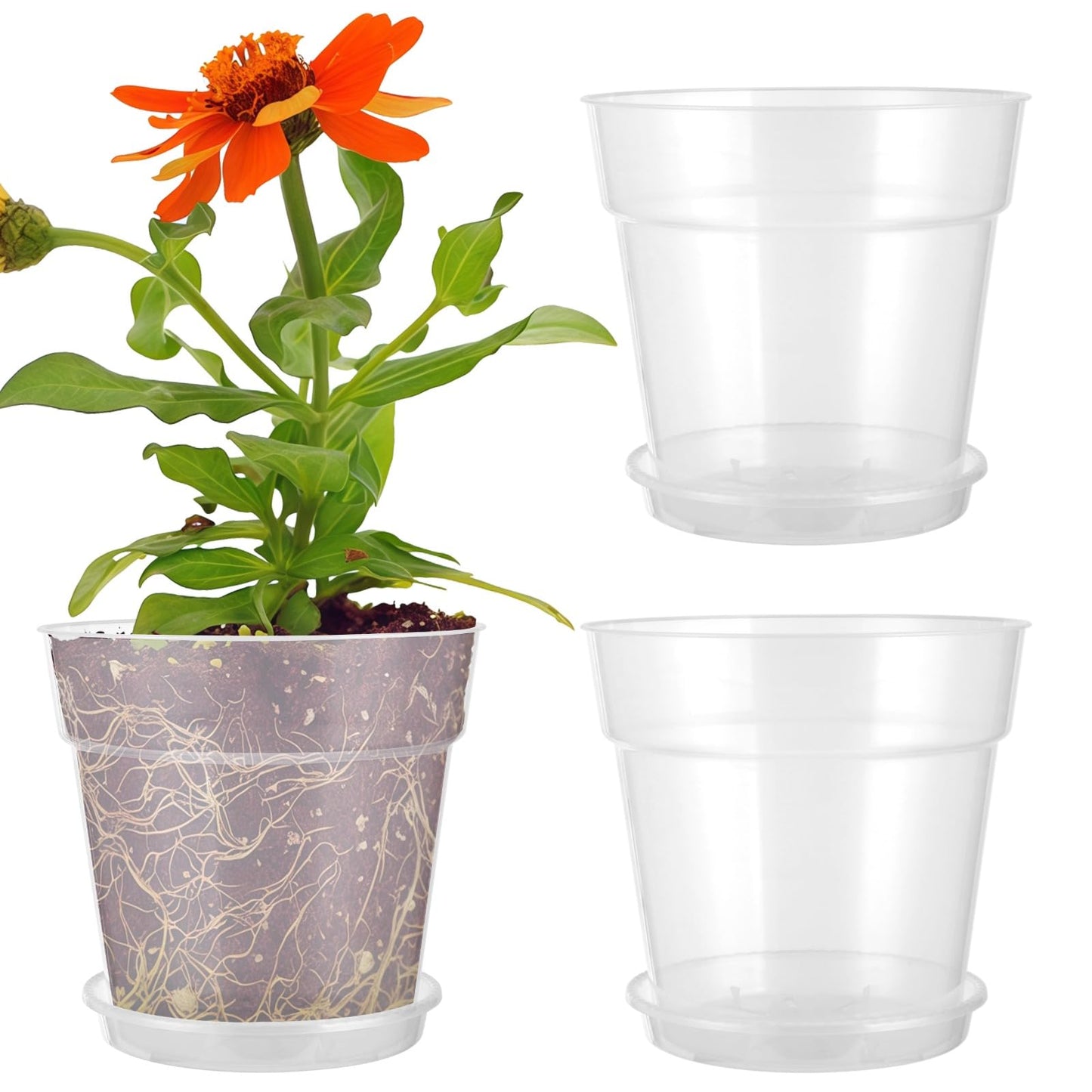 Skdqiee 3 Pcs Clear Nursery Pots Set with Saucers, 11.8 in Plastic Orchid Pots, Large Plant Pot with Drainage Holes, 3.7 Gallon Capacity for Orchids and House Plants