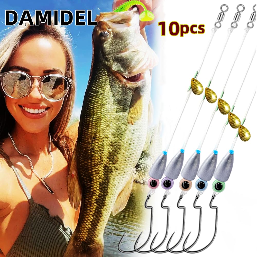 DAMIDEL 10Pcs Fishing Bullet Weights Texas Rigs Ready Kit,Worms, Sinker (10g/7g/5g), Worm Hooks, Carbon line,Spinner Blades，Eye Beads Bait, Fishing Bass Rig Saltwater Freshwater(10g)