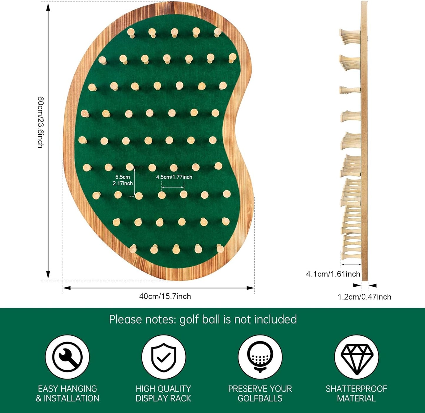 40 Golf Ball Display Rack Cabinet Holder Case - Wall Mount Golf Gifts for Enthusiasts - Unique Putting Green Shape