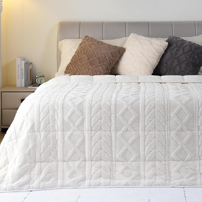 Cottonblue Jacquard Weighted Blanket 15lbs for Queen Ded - Ultra Soft, Cozy Comfort Sherpa Blanket for Relax and Sleep, Heavy Bed Blankets with Cemaric Beads, 48x72 in 12 lbs, Cream White