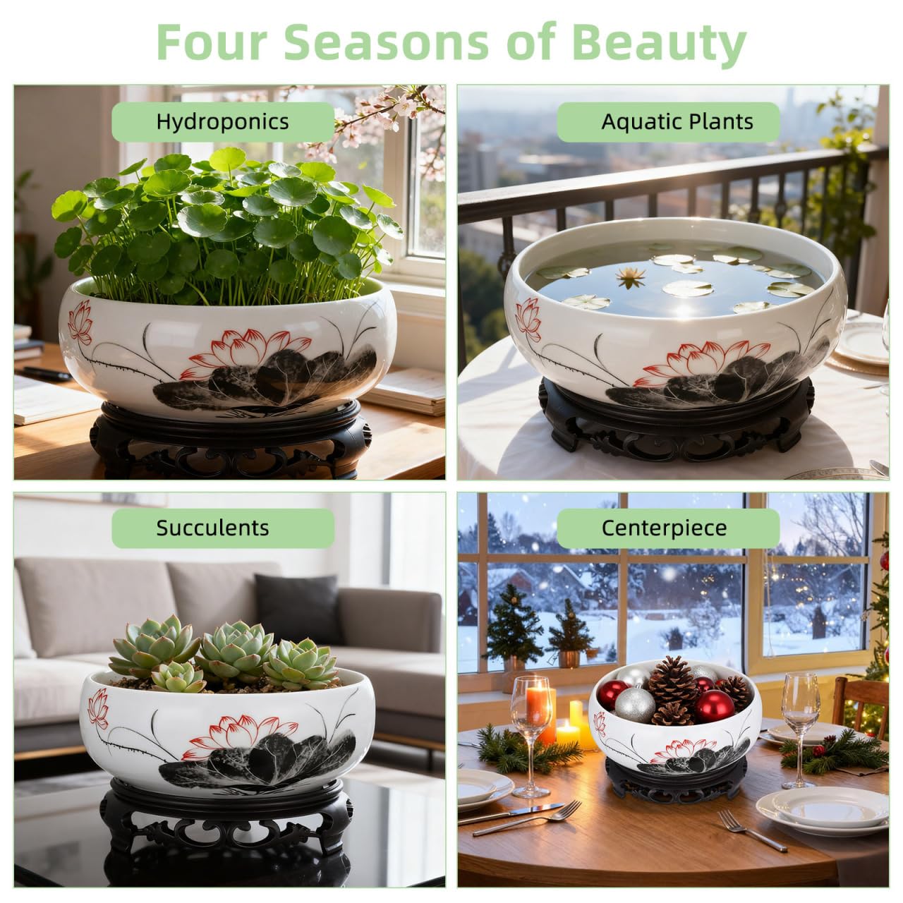 DOITOOL Blue and White Porcelain Lotus Bowl Planter Pot with Stand Ceramic Hydroponic Container for Water Lily Narcissus Bonsai Indoor Home Office Garden Decor