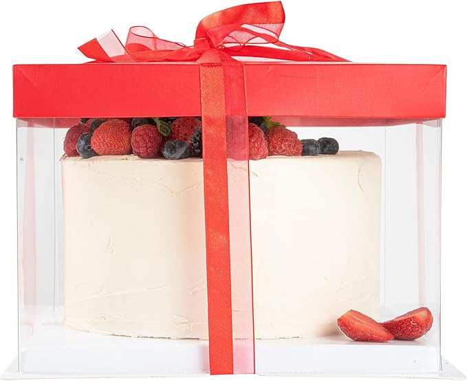 Restaurantware Sweet Vision 8.5 Inch x 6.75 Inch Transparent Cake Boxes 10 Grease Resistant Base Clear Cake Boxes - Red Lid Red Ribbon Plastic Birthday Cake Boxes For Weddings Or Birthdays