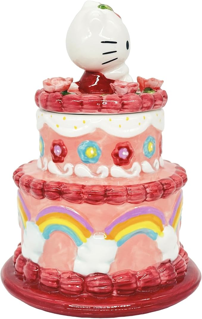 Blue Sky Clayworks Hello Kitty Cake Cookie Jar, Ceramic, 6.75" L x 6.75" W x 9.25" H, Rainbow Layer Treat Keeper