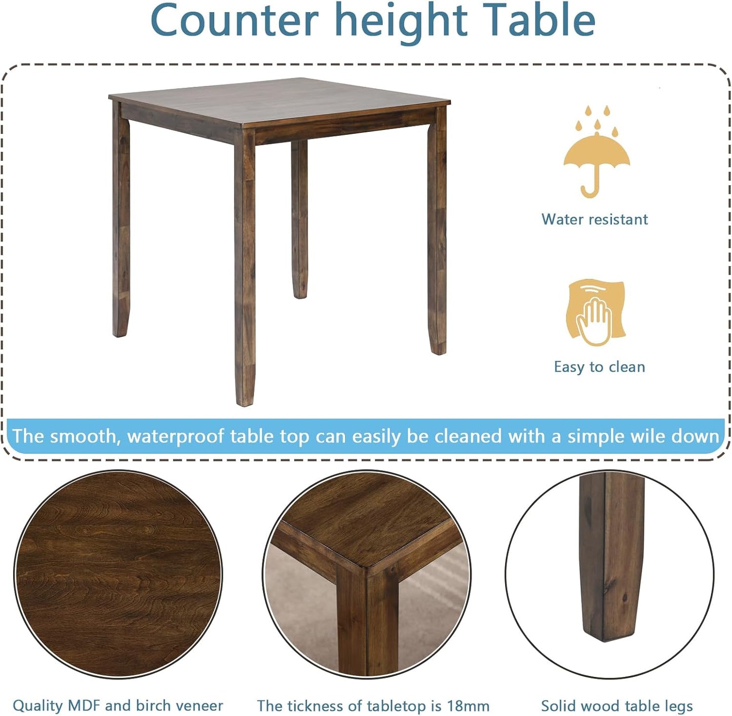 KEIKI 5-Piece Counter Height Dining Table Set with Square Table and 4 Upholstered Slatted Backrset Chair, for 4 Person, Modern Style Wooden Table Set, Easy Assembly, for Kitchen, Dining Room, Walnut