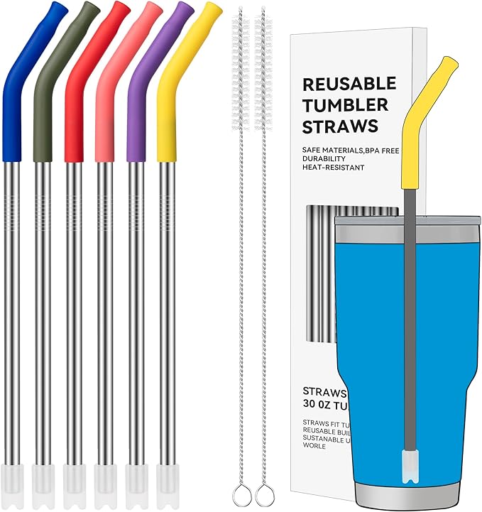 30 oz Straight Metal Straws with Silicone Tip for 30 oz Tumbler, 6 Pcs Stainless Steel Reusable Drinking Metal Straw for YETI, STANLEY, US Acrylio, BJPKPK, Simple Modern and so on