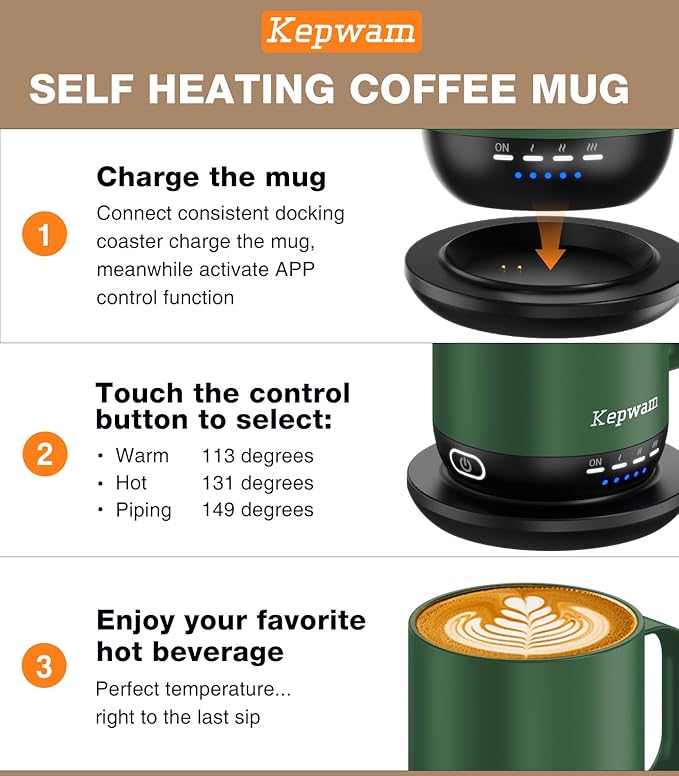Kepwam Heated Coffee Mug T1-14oz Fast Heating & Longer Battery Life Self Heating Coffee Mug Hot to 149℉ - Touch & App Controlled Mug Coffee and Hot Beverage Warmer, Gifts for Women and Men