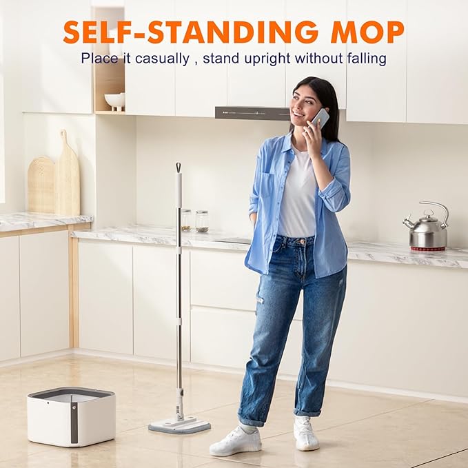 Upgraded Self-Standing Spin Mop and Bucket System, Detachable Inner Mop Bucket Separates Dirty Water & 90° Foldable Head, Triple-Scrub System, 0.9Gal Dual Drainage, for Hardwood Floors (White 2 Pads)