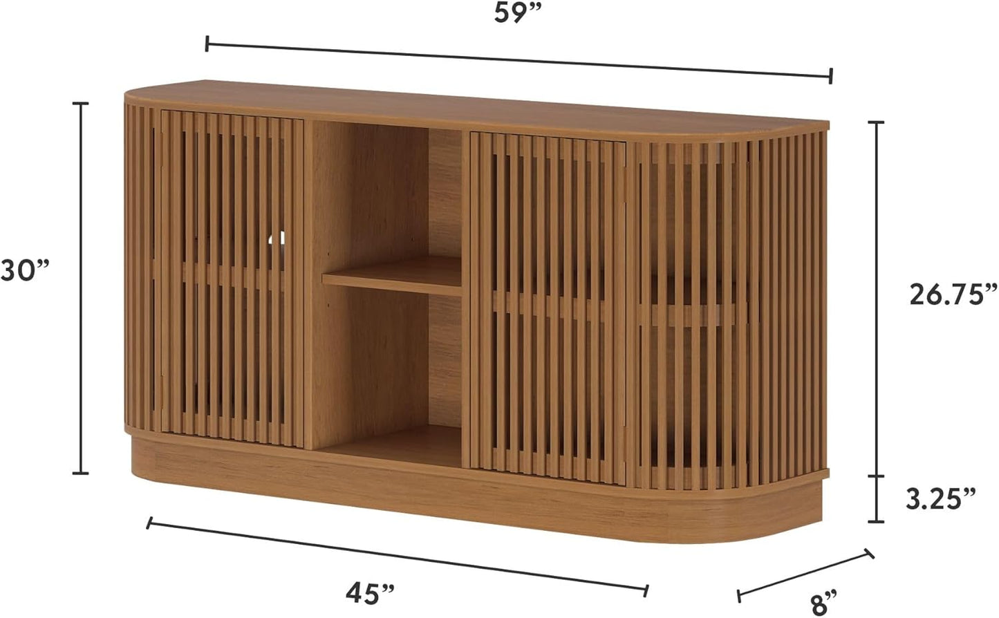 Plank+Beam Contour Wood TV Stand, Two Door Solid Wood Entertainment Console with Storage, 59" L x 16" W x 30" H, Pecan