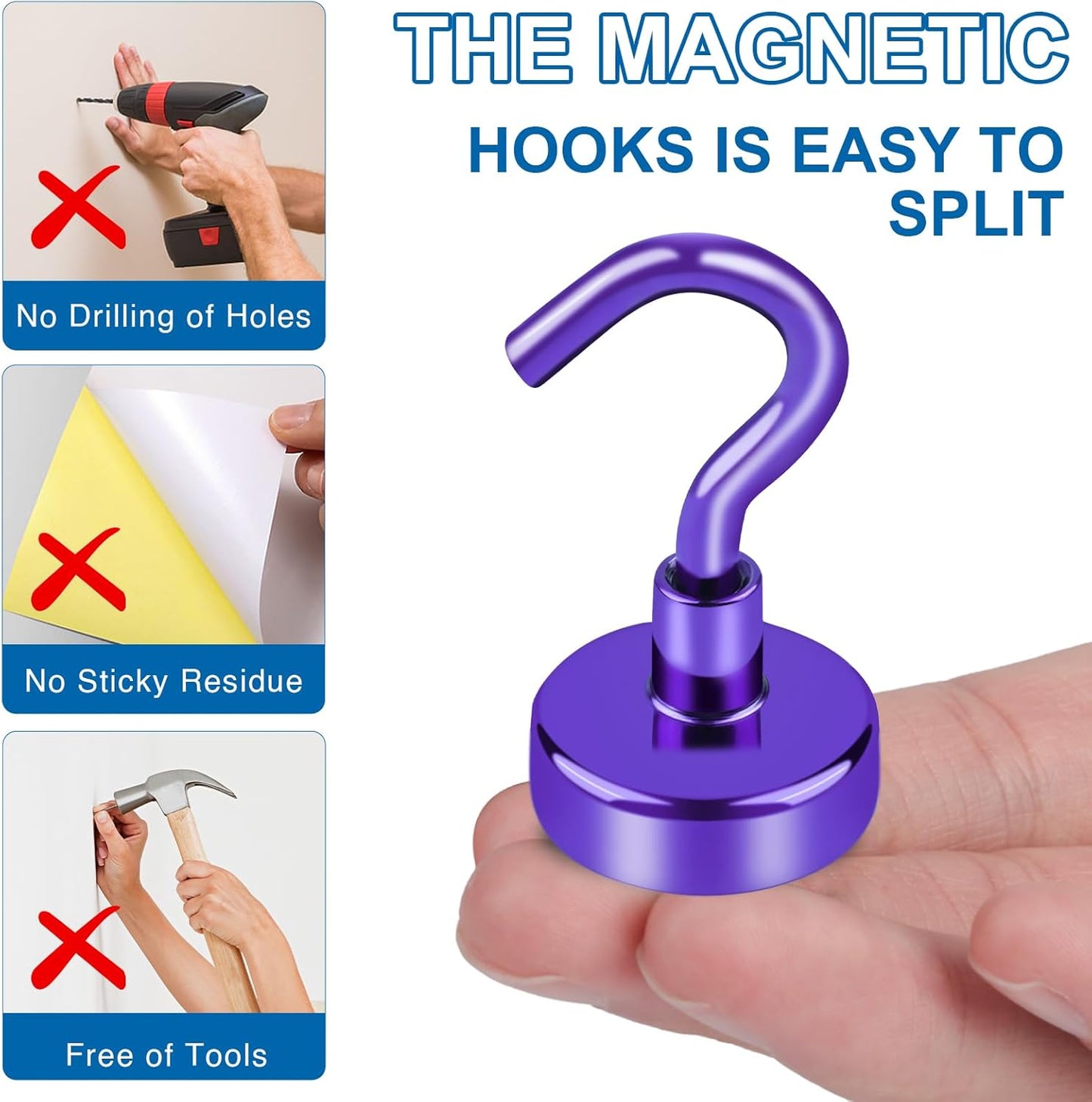 LOVIMAG Strong Magnetic Hooks, Heavy Duty Magnets - 50Lbs Purple, 4 Pack for Refrigerator, Hanging, Ceiling, Tool Room Etc
