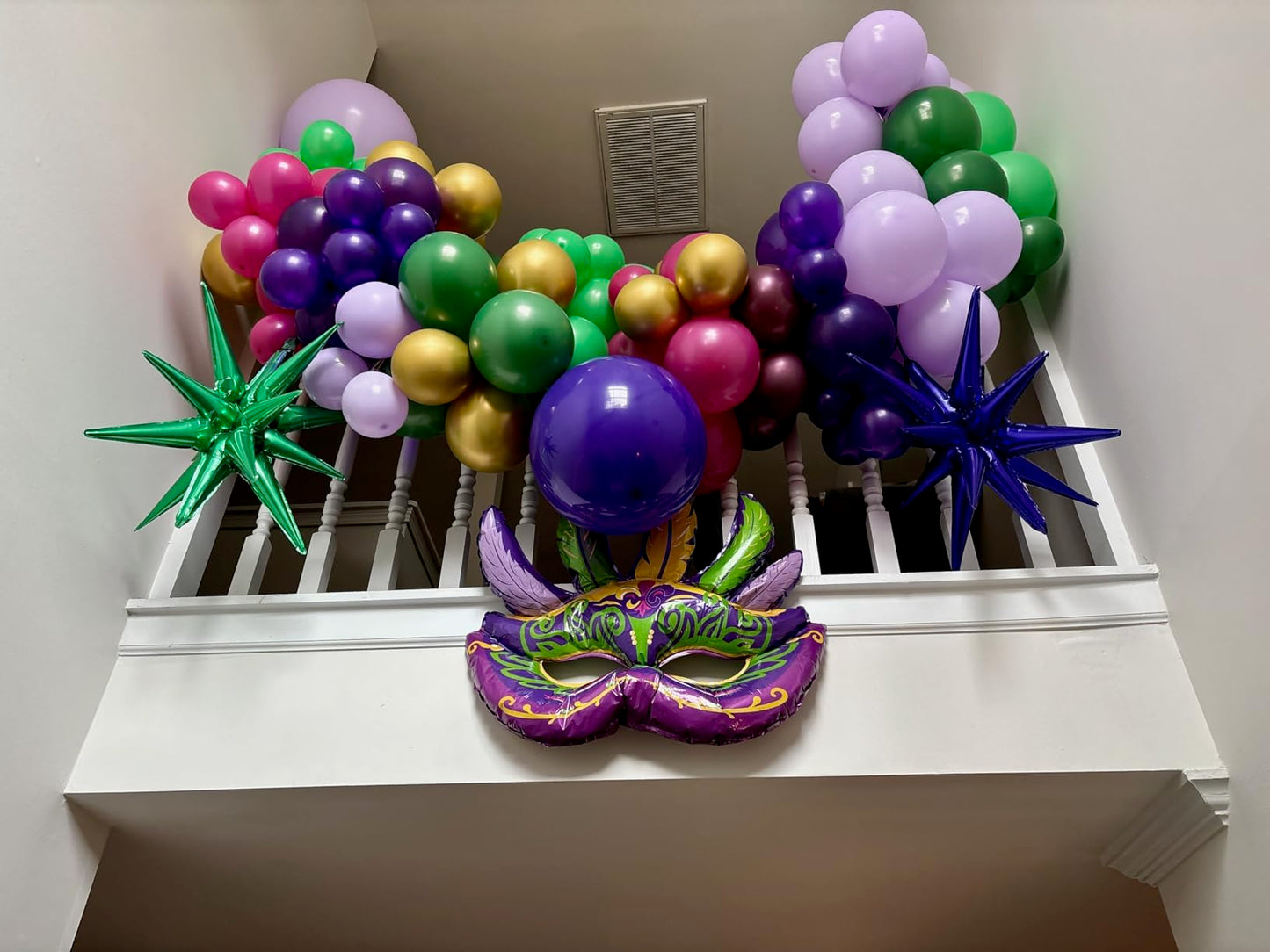 Mardi Gras Purple Green Hot Pink Gold Balloon Garland Arch Kit 156Pcs with Large Mardi Mask Explosion Star Foil Balloons for Carnival Birthday Masquerade Party Decorations Fat Tuesday Party Supplies