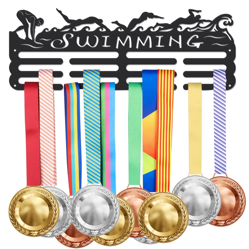 SUPERDANT Swimming Medal Holder Display Hanger Rack Sports Metal Wall Mount Ribbon Award Holder Display Rack Swim Race Medal Hanging Organizer Gifts for Kids Athletes Swimmer 15.75x6in