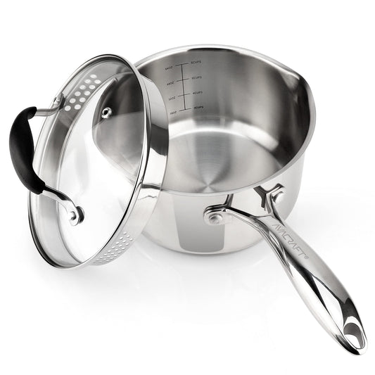AVACRAFT Stainless Steel Saucepan with Glass Strainer Lid, Two Side Spouts for Easy Pour with Ergonomic Handle, Multipurpose Sauce Pot (5-Ply Capsule Bottom, 2.5 Quart)