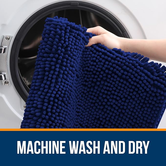 OLANLY Bathroom Rugs 47x20, Extra Soft Absorbent Chenille Bath Rugs, Rubber Backing Quick Dry, Machine Washable Bath Mats for Bathroom Floor, Tub and Shower, Home Decor Accessories, Navy