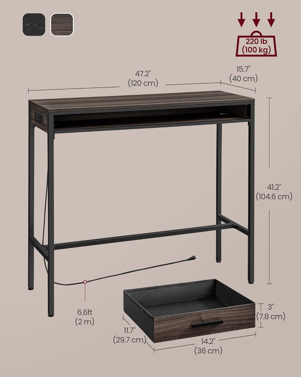 VASAGLE Bar Table with Power Outlets, 47.2 Inches Long Bar Height Pub Table, Rectangular High Top, with Movable Drawer, 2 Hooks, Narrow Storage for Kitchen, Dining, Entryway, Ash Brown