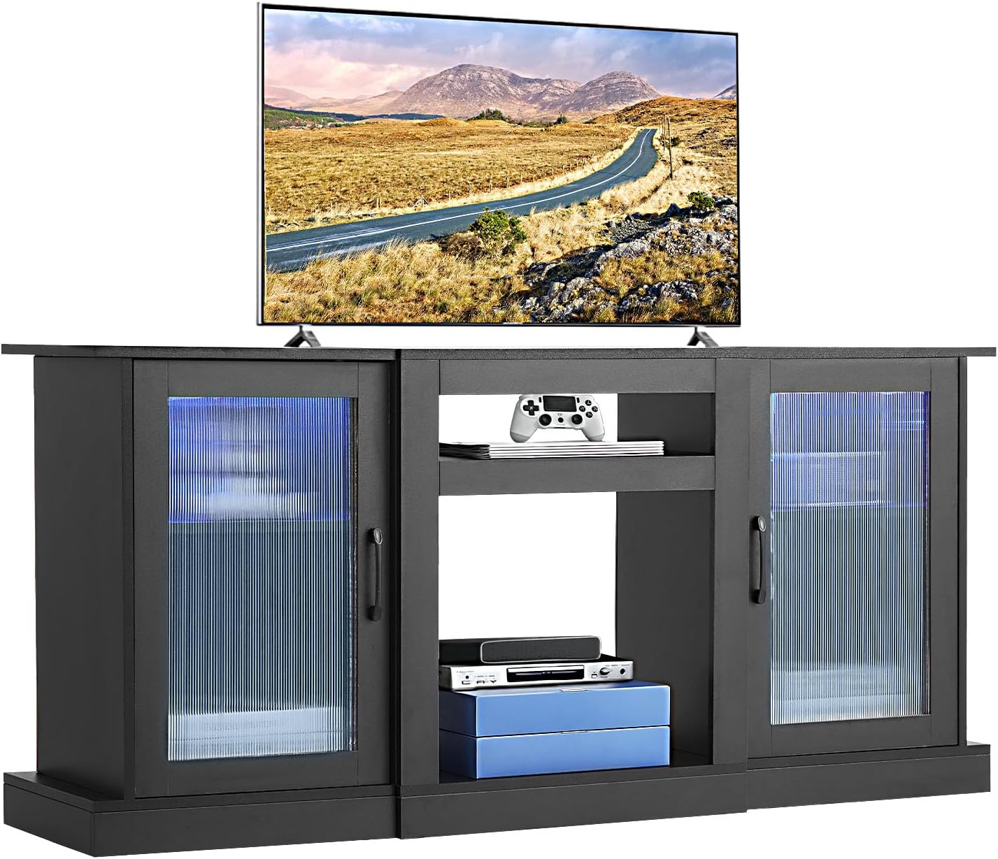 VEVOR TV Stand for TVs up to 65 inch, Modern Entertainment Center with Light Strip, Wooden TV Cabinet Storage with Glass Doors and Adjustable Shelves, Console Table for Living Room and Bedroom, Black