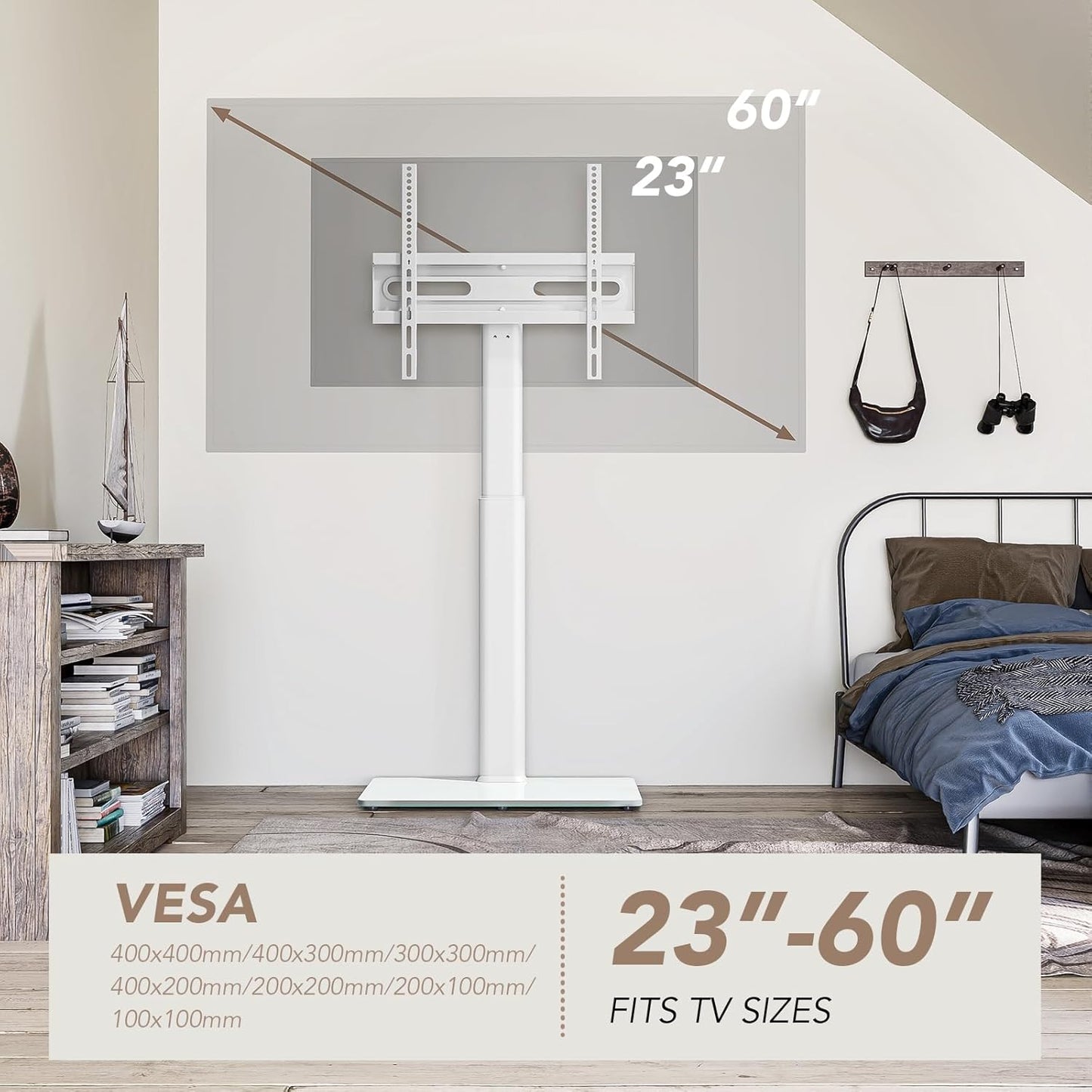 AX WABER Universal Floor TV Stand with Mount 70 Degree Swivel 9 Level Height Adjustable and Space Saving Design for Most 27 to 65 inch LCD, LED OLED TVs, Perfect for Corner & Bedroom White AX1006TW