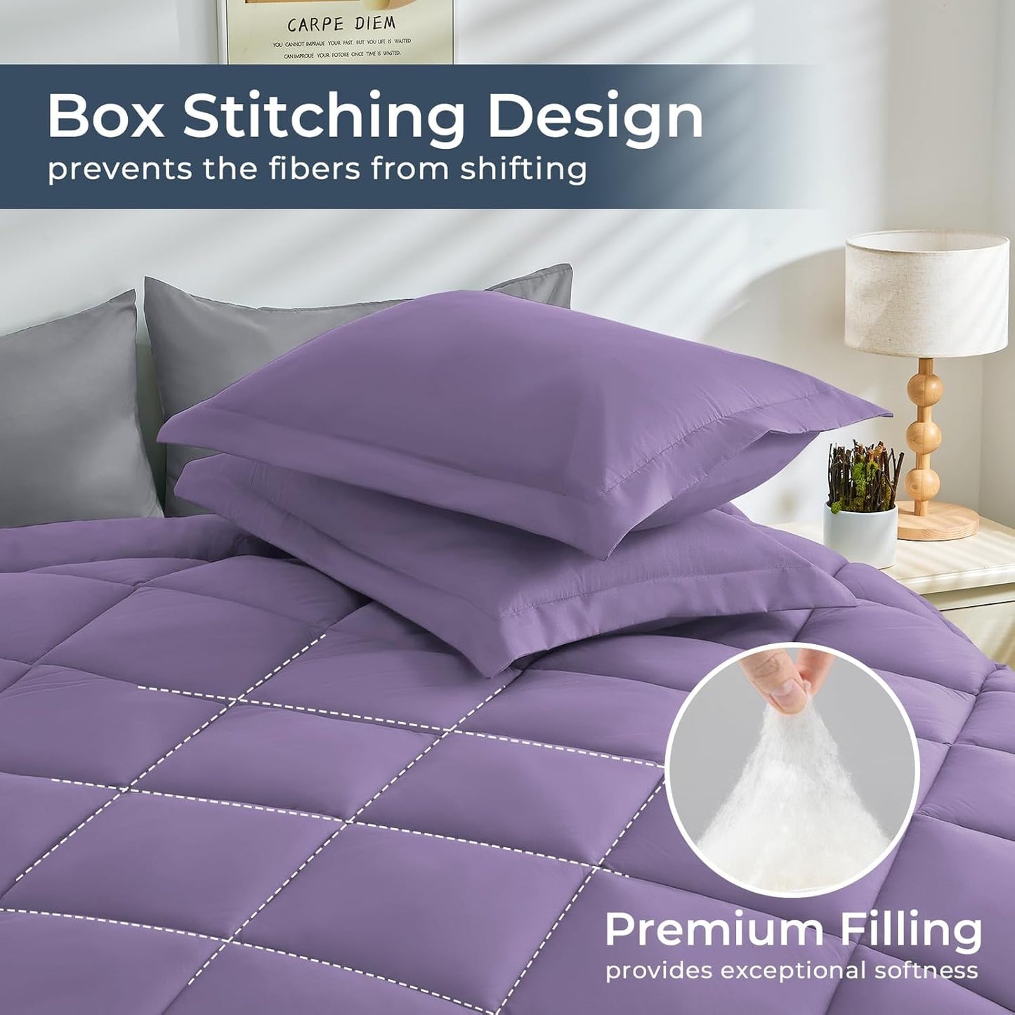 HEVUMYI Full Comforter Set - 7-Piece All Season Bed in a Bag Full, Ultra Soft Bedding Set with Comforter, Flat Sheet, Fitted Sheet, Pillowcases, Pillow Shams, Purple & Light Grey