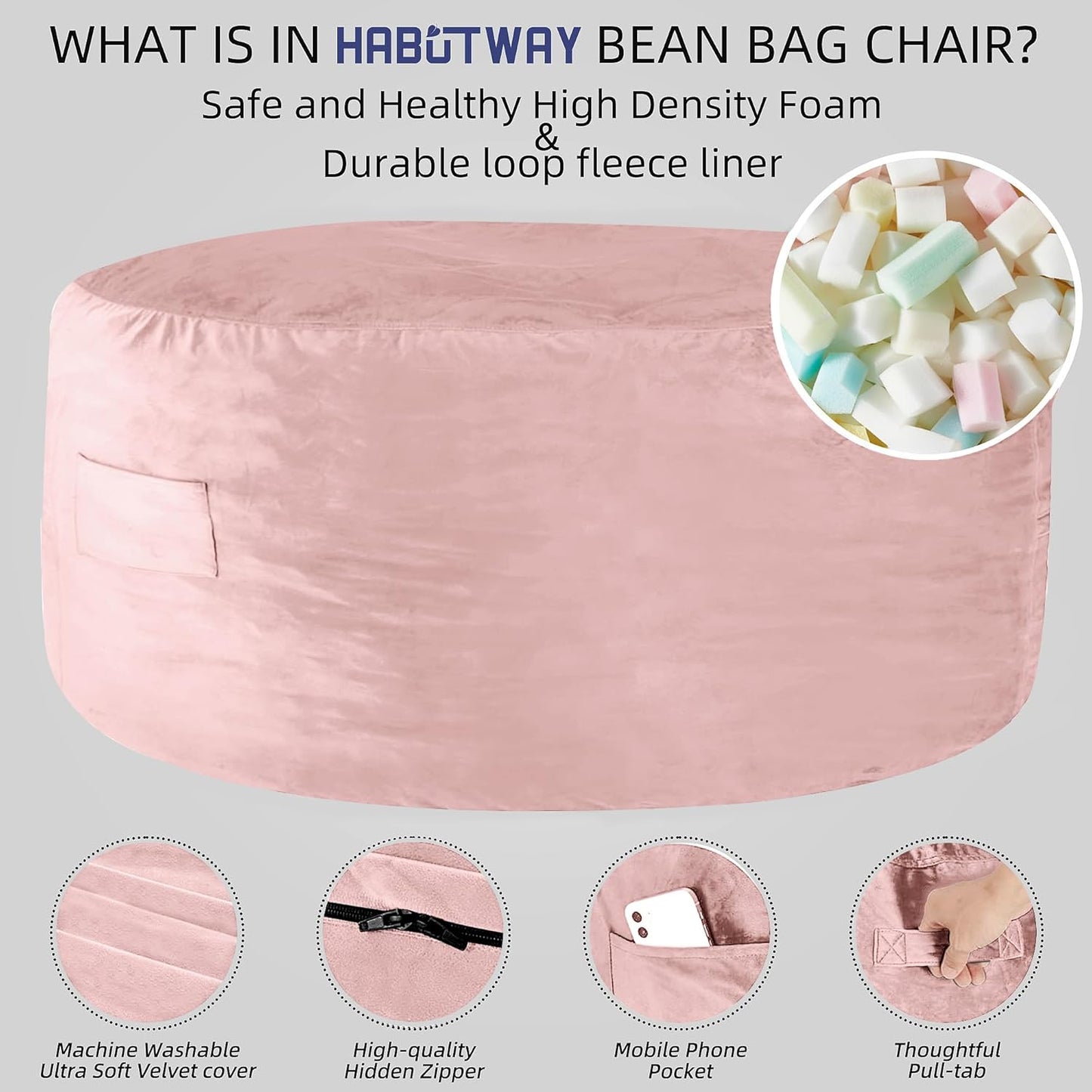 HABUTWAY Bean Bag Chair: Giant 5' Memory Foam Furniture Bean Bag Chairs for Adults with Microfiber Cover 5Ft (Pink)