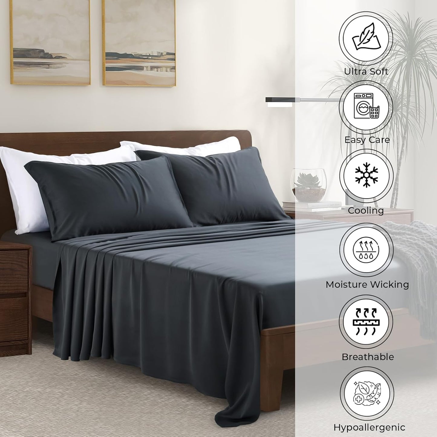Luxury Bamboo Market | Queen Envelope Pillowcase Set | 100% Viscose Made from Bamboo | Organically Grown | Ultra Soft | Cooling | 2pcs [Charcoal Grey]