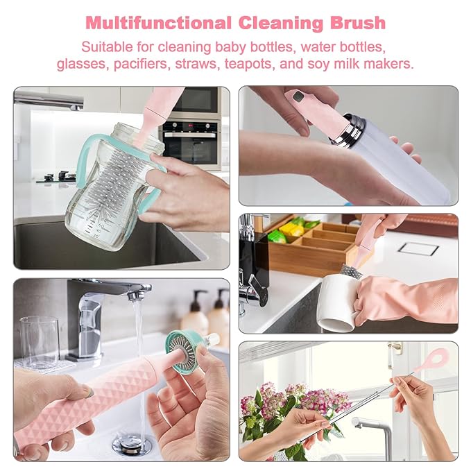 Electric Baby Bottle Cleaner Kit with Rechargeable Electric Bottle Brush Cleaner, 3 Piece Silicone Bottle Brush and Straw Brush, Multipurpose Automatic Bottle Cleaner, Pink