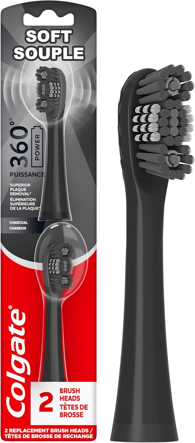 Colgate 360 Power Charcoal Replacement Toothbrush Heads, Works with Any 360 Battery Toothbrush, Features Soft Bristles and a Rubber Polisher on Each Replacement Head, 2 Pack