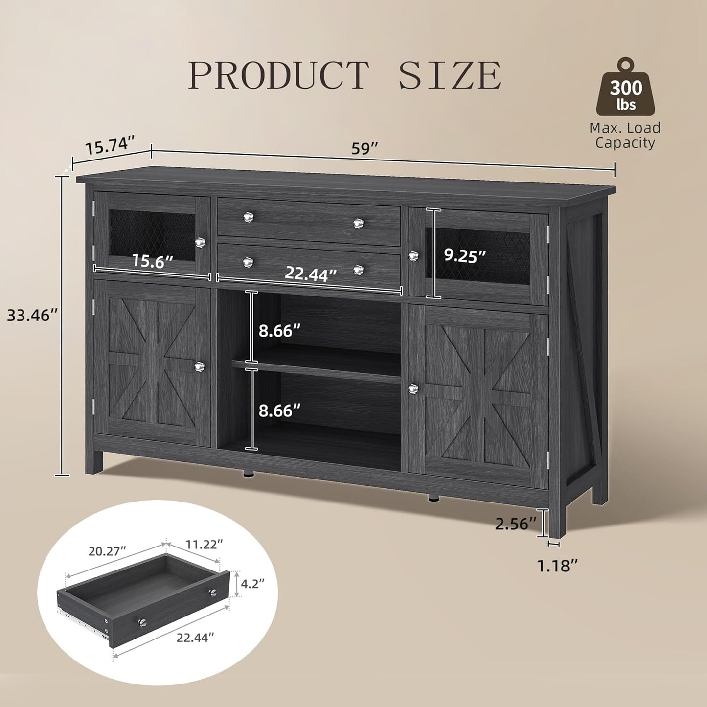 YITAHOME Farmhouse TV Stand for TVs up to 65", 59" Entertainment Center with 2 Large Drawers & Visual Grid Door, Rustic TV Media Console for Living Room, Dark Grey