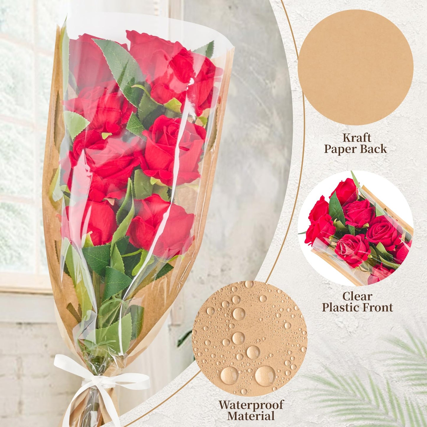 Mauproy 50 Pack Flower Bags for Bouquets, Flower Wrapping Paper Kraft Floral Wrap Sleeves with Ribbons for Graduation Florist Supplies Wedding (24.8 x 8.7 Inches)