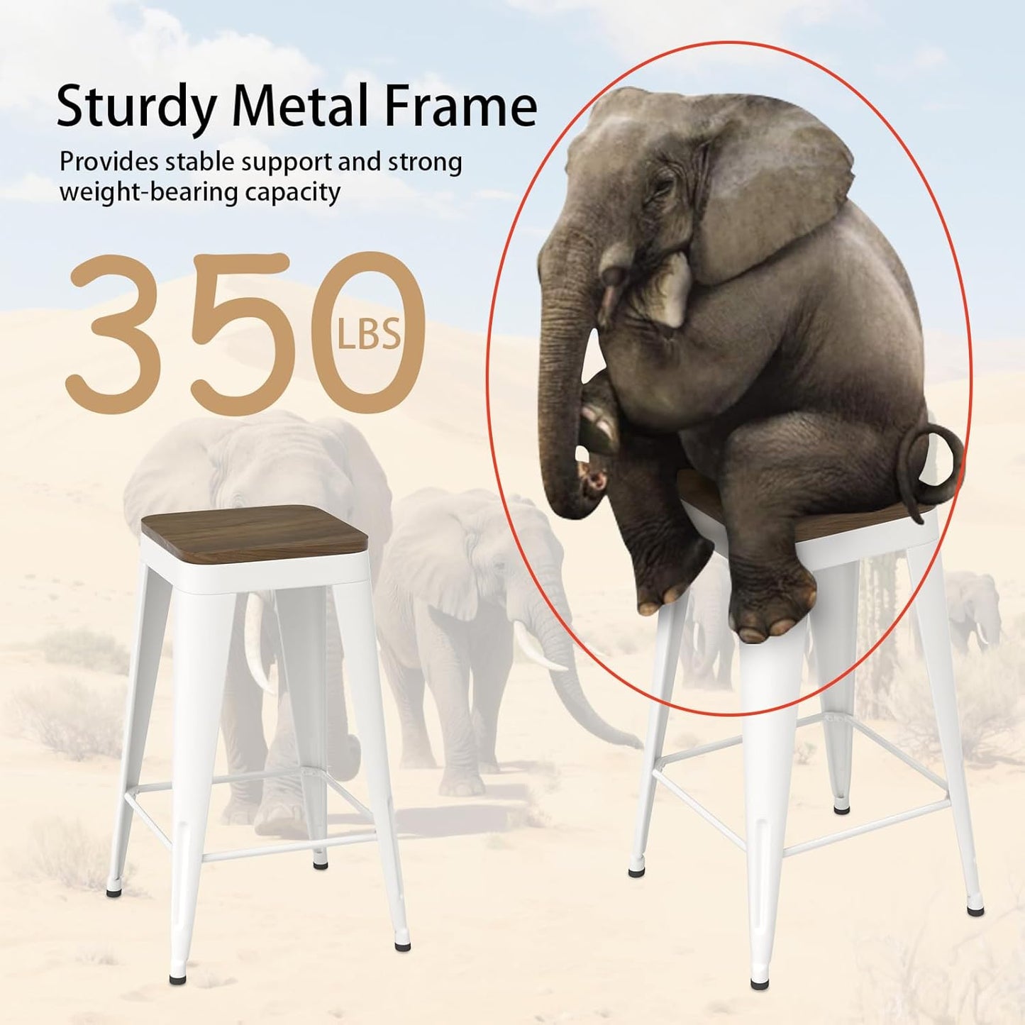30 inch Backless Bar Stools Set of 4, Indoor Metal Bar Stools with Wood Seat, Industrial Counter Height Barstools for Kitchen Island, White