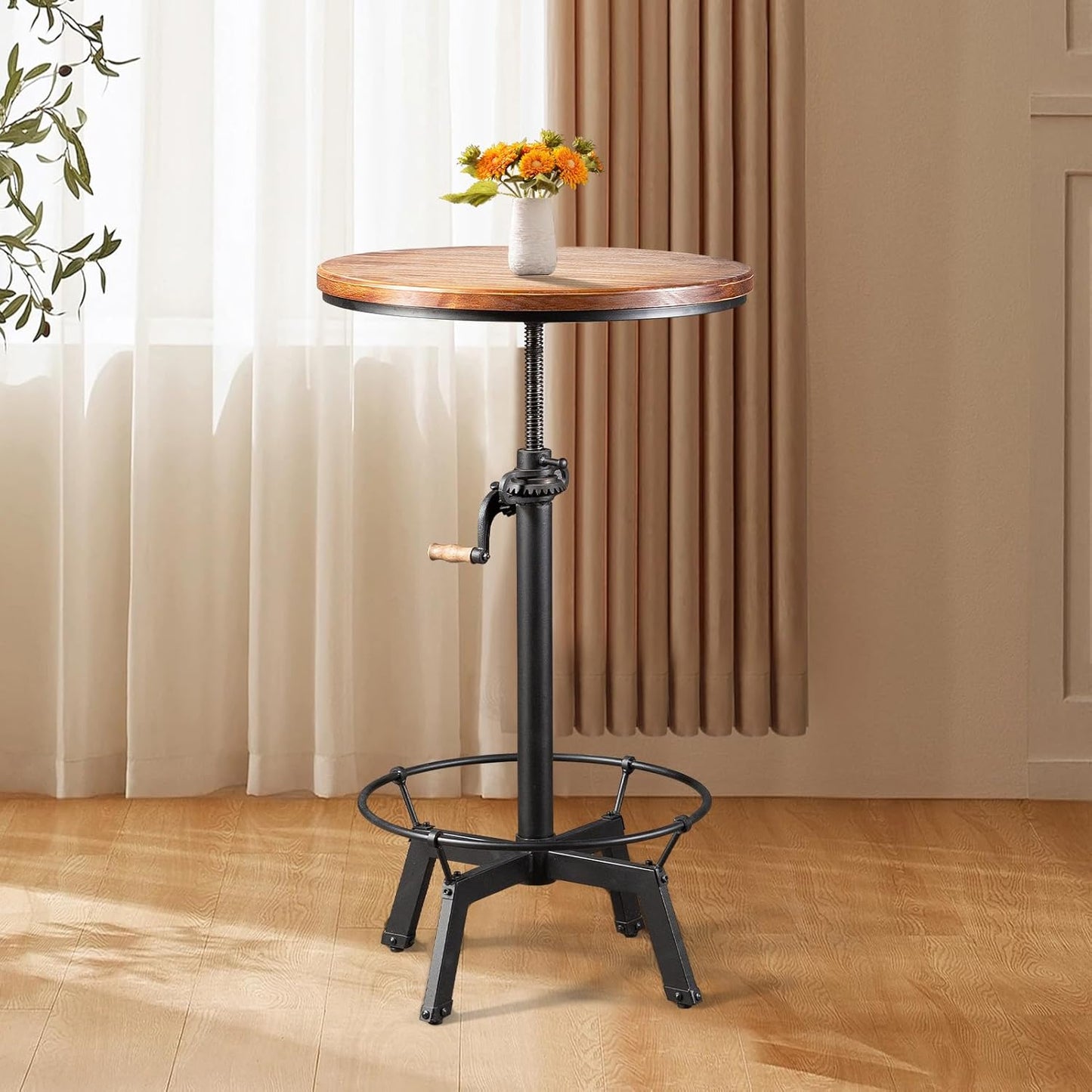 LOKKHAN 33.5-39.4 Inch Tall Industrial Bar Table-Adjustable Bar Height Bistro Whiskey Pub Table-23.7" Dia Swivel Round Wood Top Metal Base-Easily Adjusts by Crank Handle