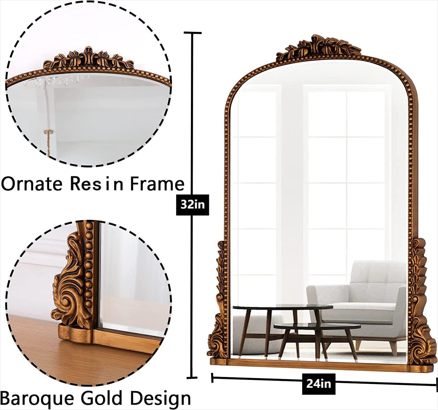 SHYFOY Antiqued Wall Mirror Decorative Vintage Mirrors for Wall Decor, Baroque Wall Mirrors Ornate Arch Mantel Mirror for Living Room Entryway Powder Room, Bronze Dark-Gold Wall Decor, MDF Backing