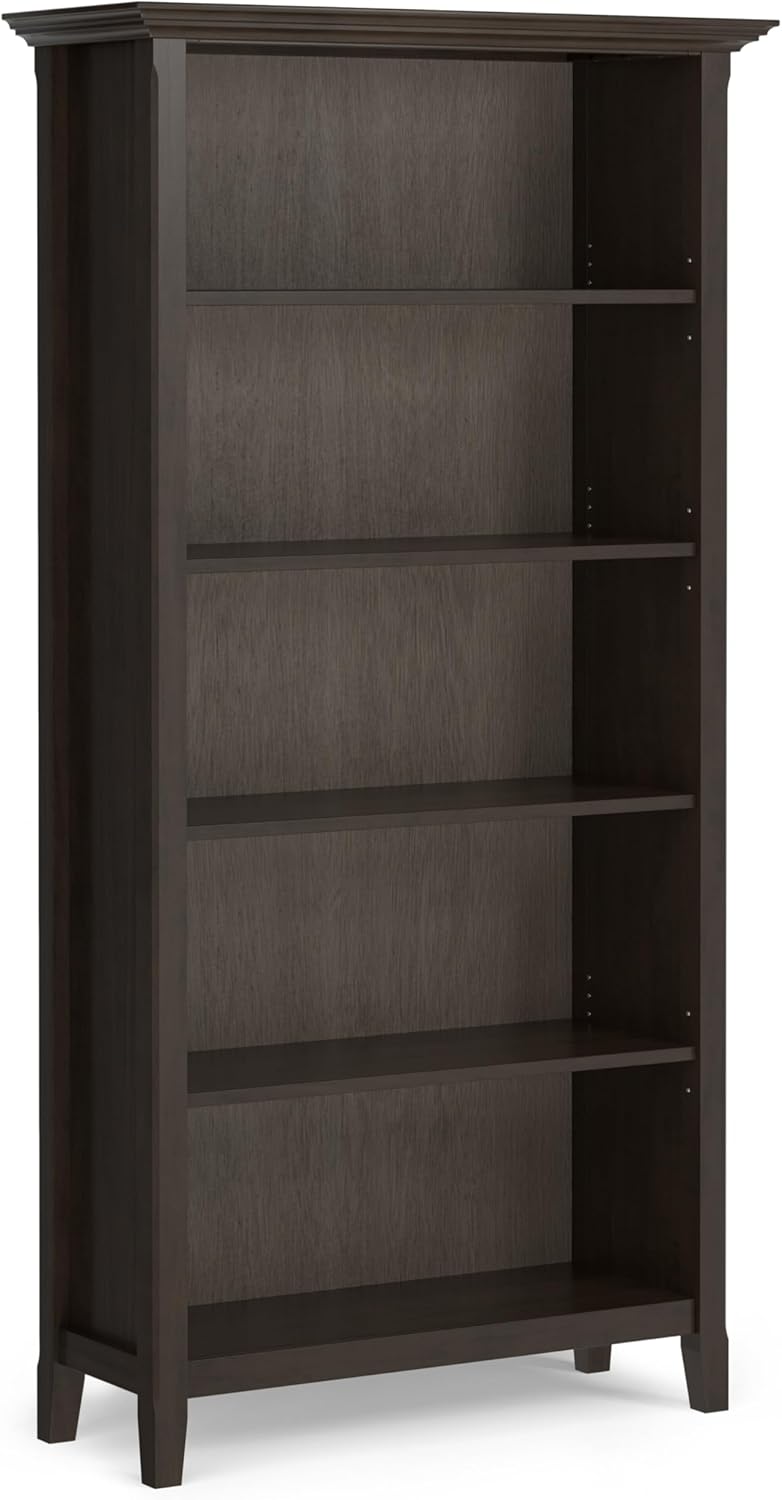 SIMPLIHOME Amherst Bookcase - 70 inch Tall 5-Shelf Solid Wood Bookshelf in Hickory Brown, Transitional Storage for Living Room, Study Room or Office with Adjustable Shelves and Tapered Legs