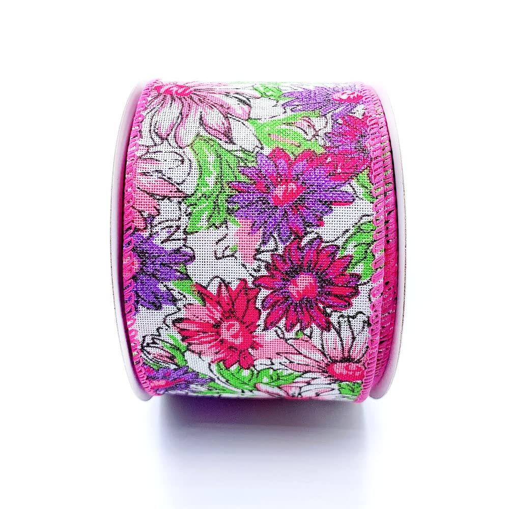 Designer’s Shop Spring Floral Wired Edge Ribbon 2.5” x 10 Yard for DIY Crafting, Home Décor (Pink Purple) WR 63-5066
