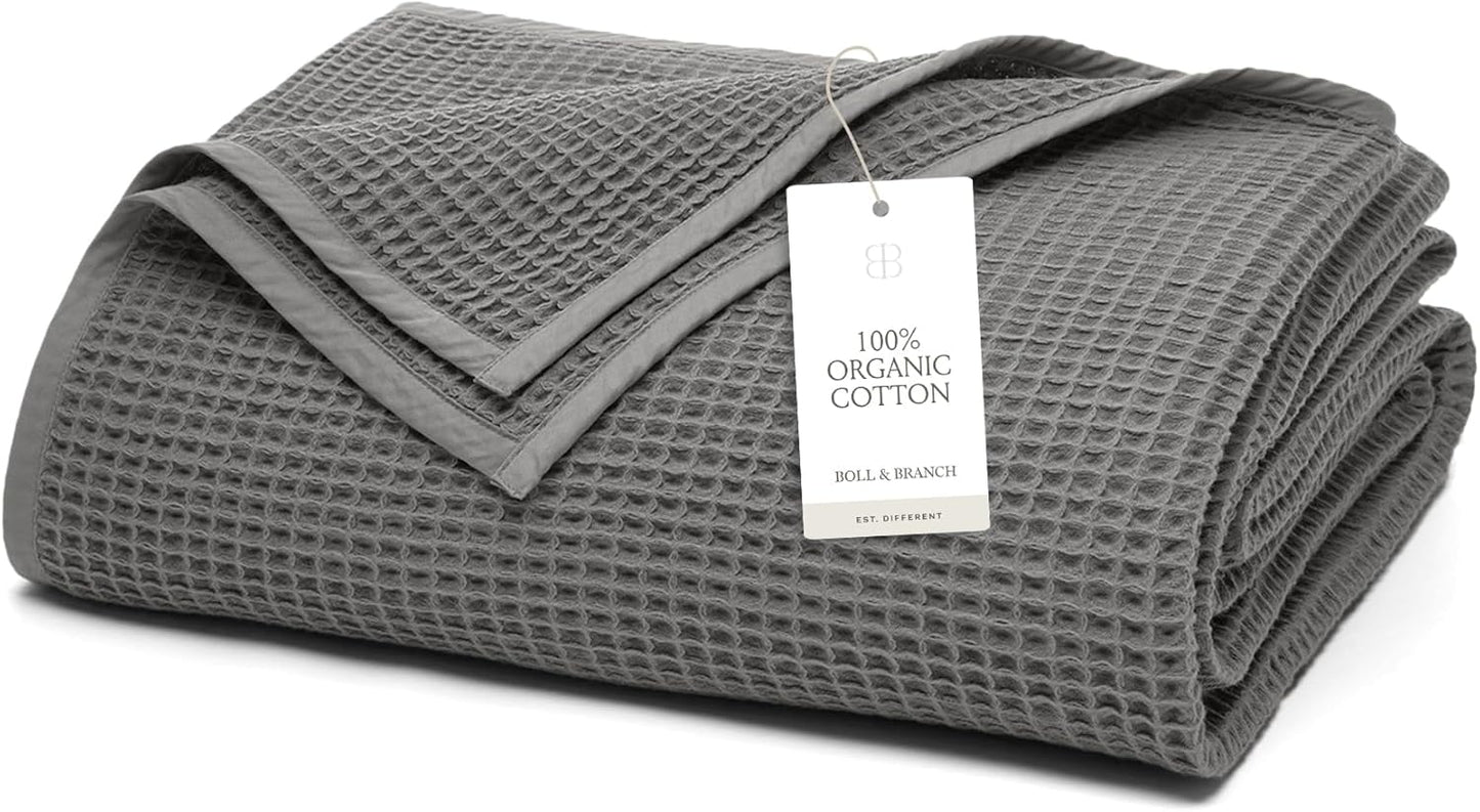 BOLL & BRANCH Waffle Bed Blanket - Twin, Stone - Luxury 100% Organic Cotton - Soft, Lightweight and Breathable - Textured Waffle Weave Design